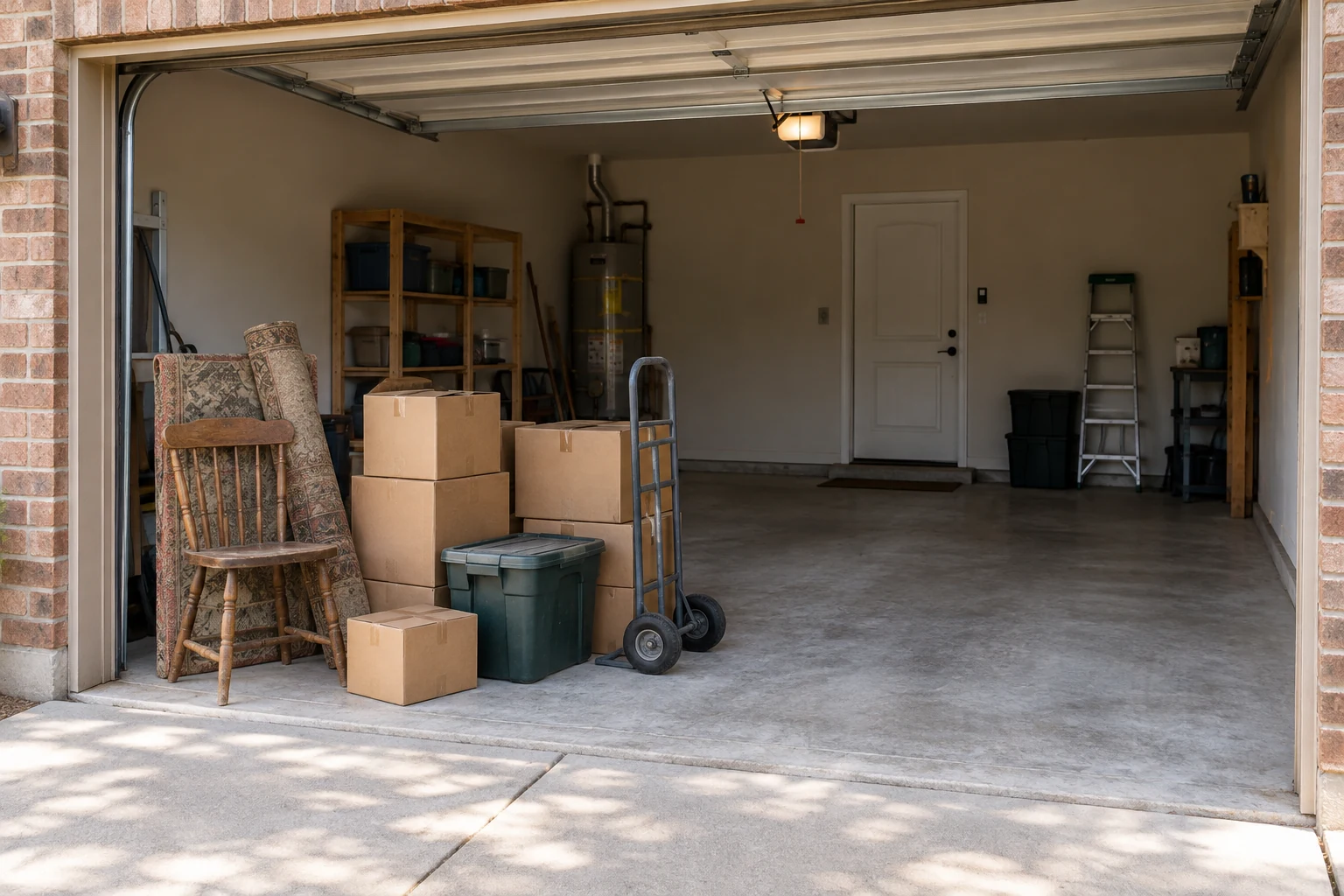 Boxes, a chair, and a hand truck ready for a garage cleanout