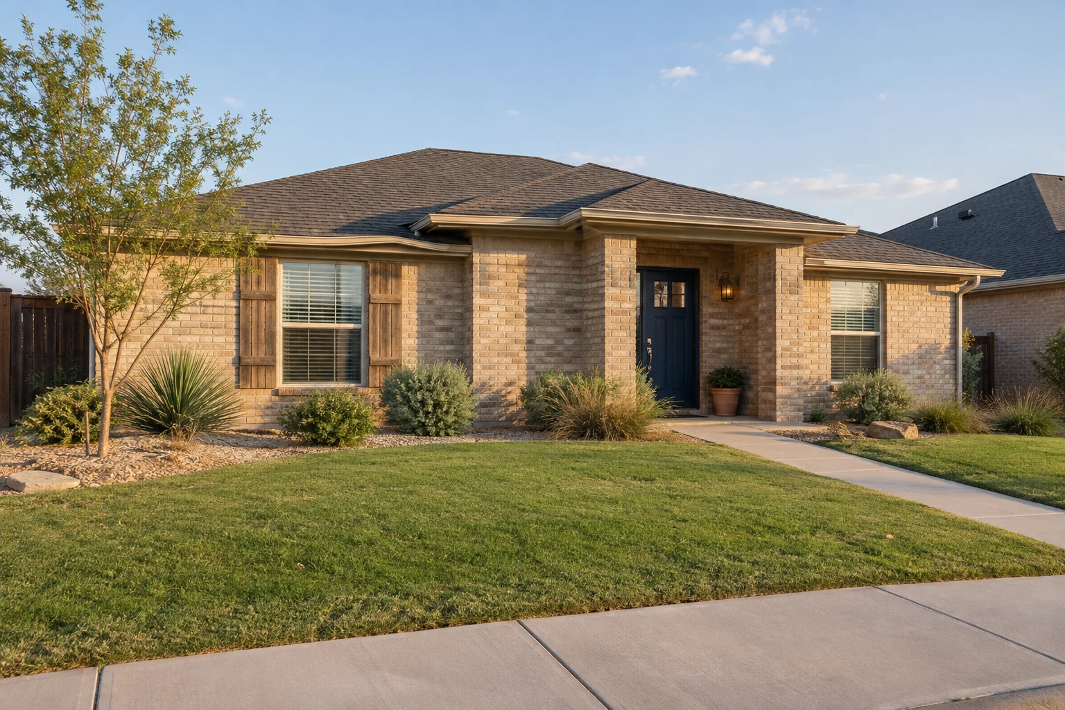 A welcoming West Texas brick home with a tidy lawn and drought-tolerant planting