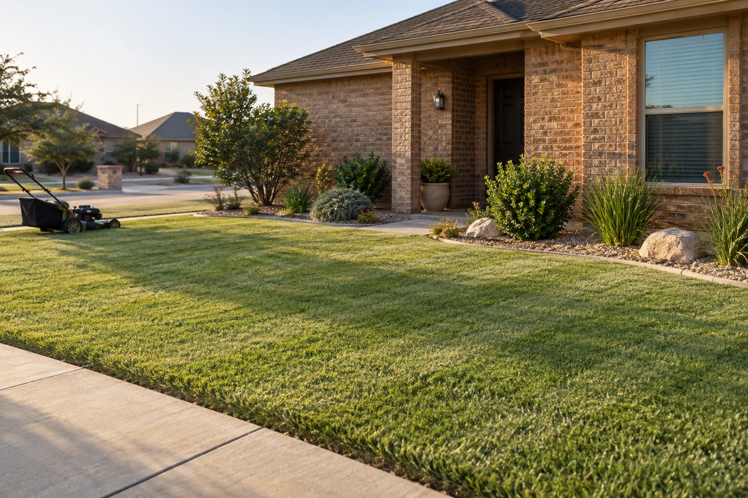 A neatly mown West Texas lawn with edged walkways and a push mower