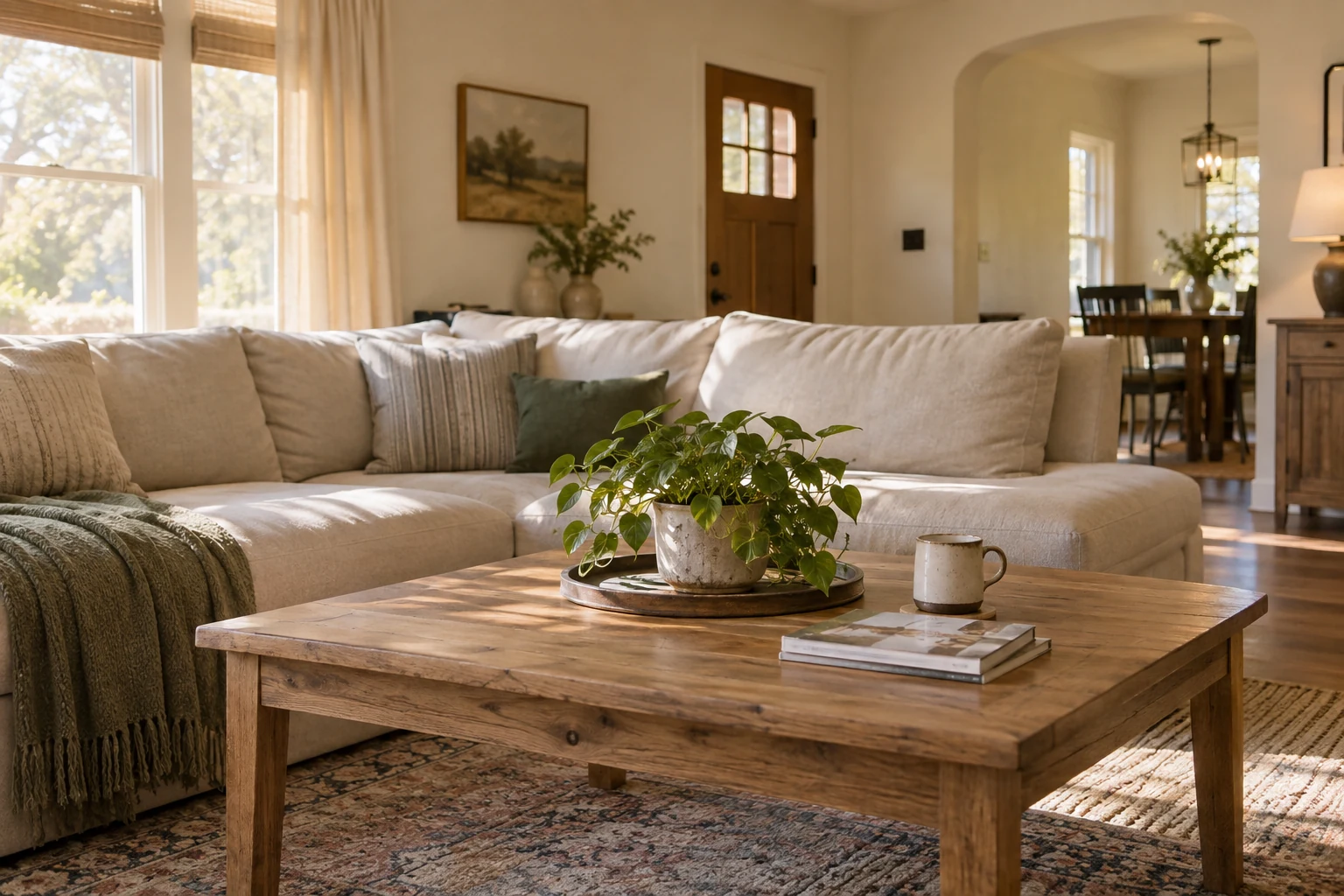 A sunlit living room with a linen sofa and wooden coffee table